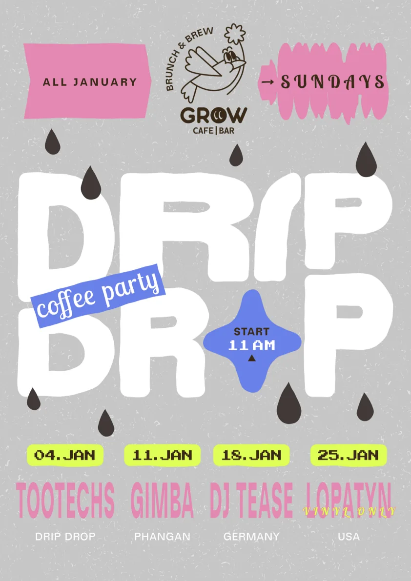 Drip Drop coffee party poster — all January